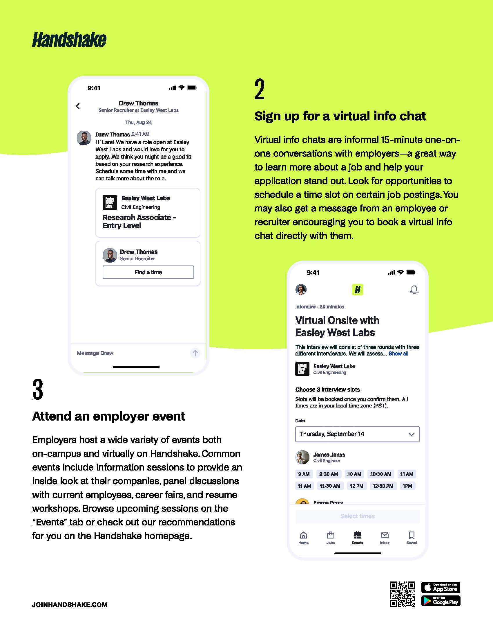 Handshake flyer page 2: sign up for a virtual info chat and attend an employer event.