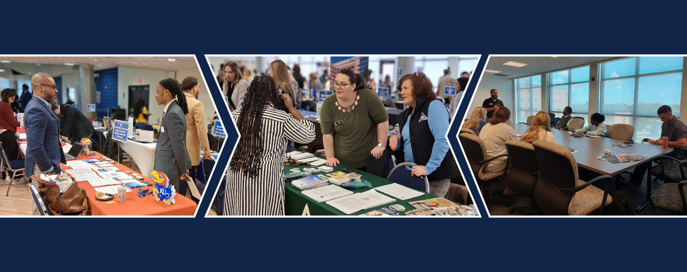 Collage of three images from career fairs where students are meeting with prospective employers.