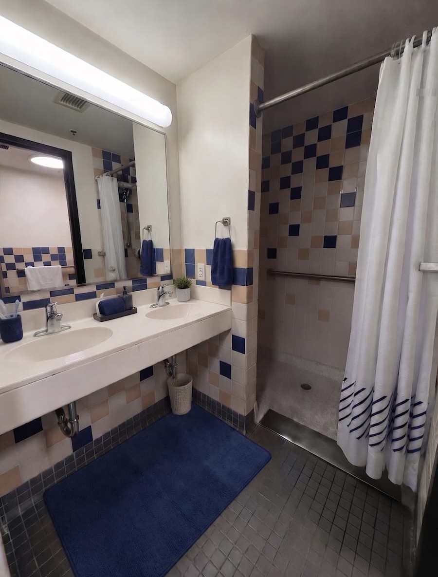 Sink and a shower in the Tull Hall dorm room.