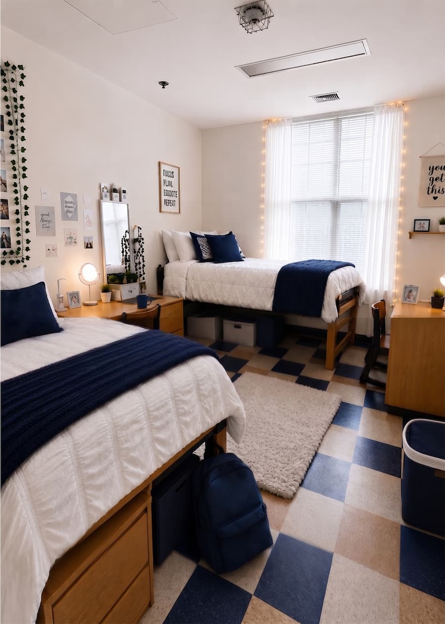 Tull Hall dorm room with two beds, a desk and twinkle lights.